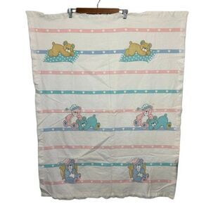 Vtg 80s 90s Dundee Baby Receiving Blanket Satin Trim Sleeping Bears USA Cotton